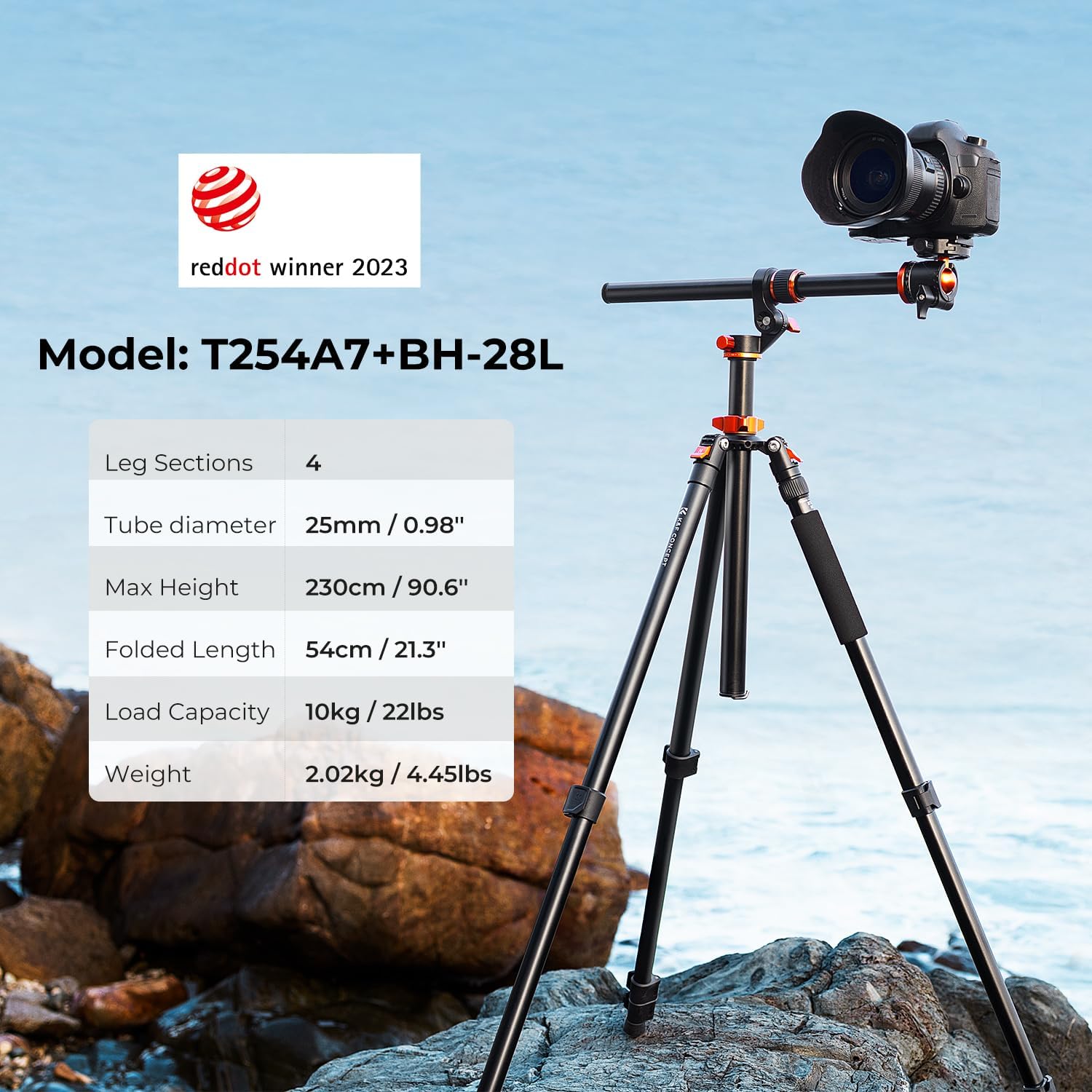 K&F CONCEPT 90''/230cm Ultra High Camera Tripod T254A7+BH-28L | Horizontal Overhead Shooting